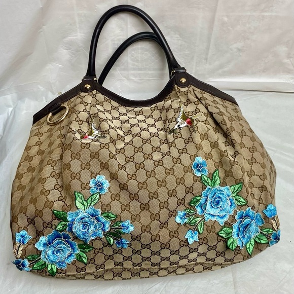 Vintage, Large, Gucci, GG Coated Canvas with Blue Floral Handbag 16in x 16 x 5.5 - Picture 1 of 16